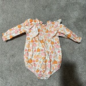 Smocked Floral Pumpkin Print Baby One-Piece - Pink & Orange